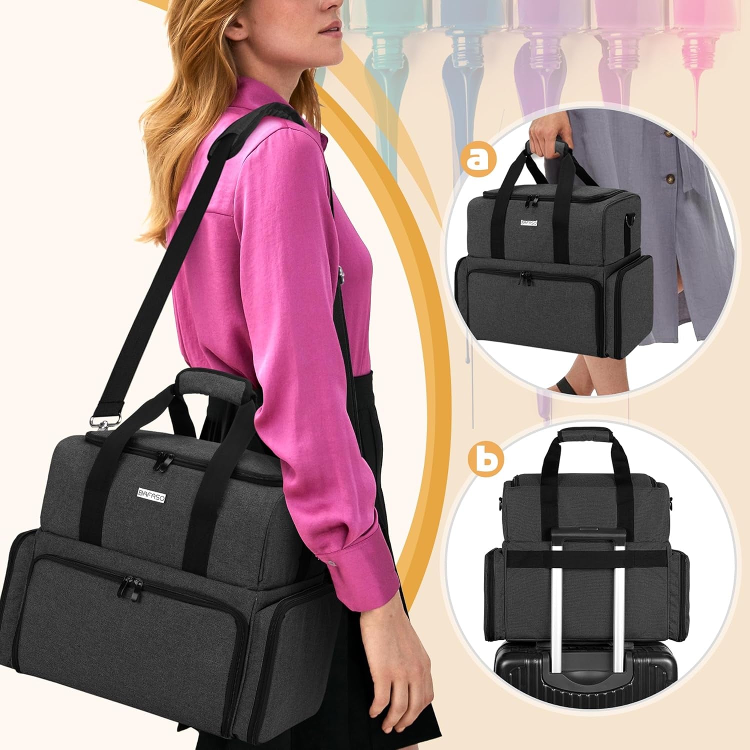 Double Layer Nail Polish Organizer Holds 80 Bottles (15Ml - 0.5 Fl.Oz) and a UV Nail Lamp, Nail Polish Case with 2 Removable Pouches and Manicure Tools Storage Sections (Bag Only), Black