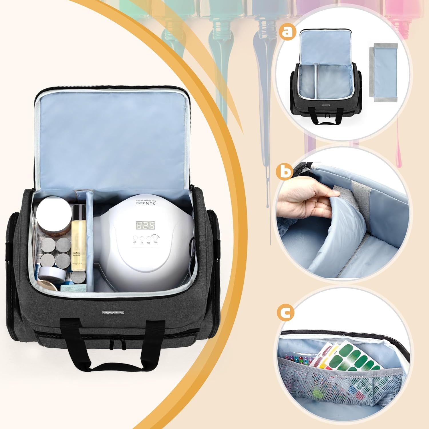 Double Layer Nail Polish Organizer Holds 80 Bottles (15Ml - 0.5 Fl.Oz) and a UV Nail Lamp, Nail Polish Case with 2 Removable Pouches and Manicure Tools Storage Sections (Bag Only), Black