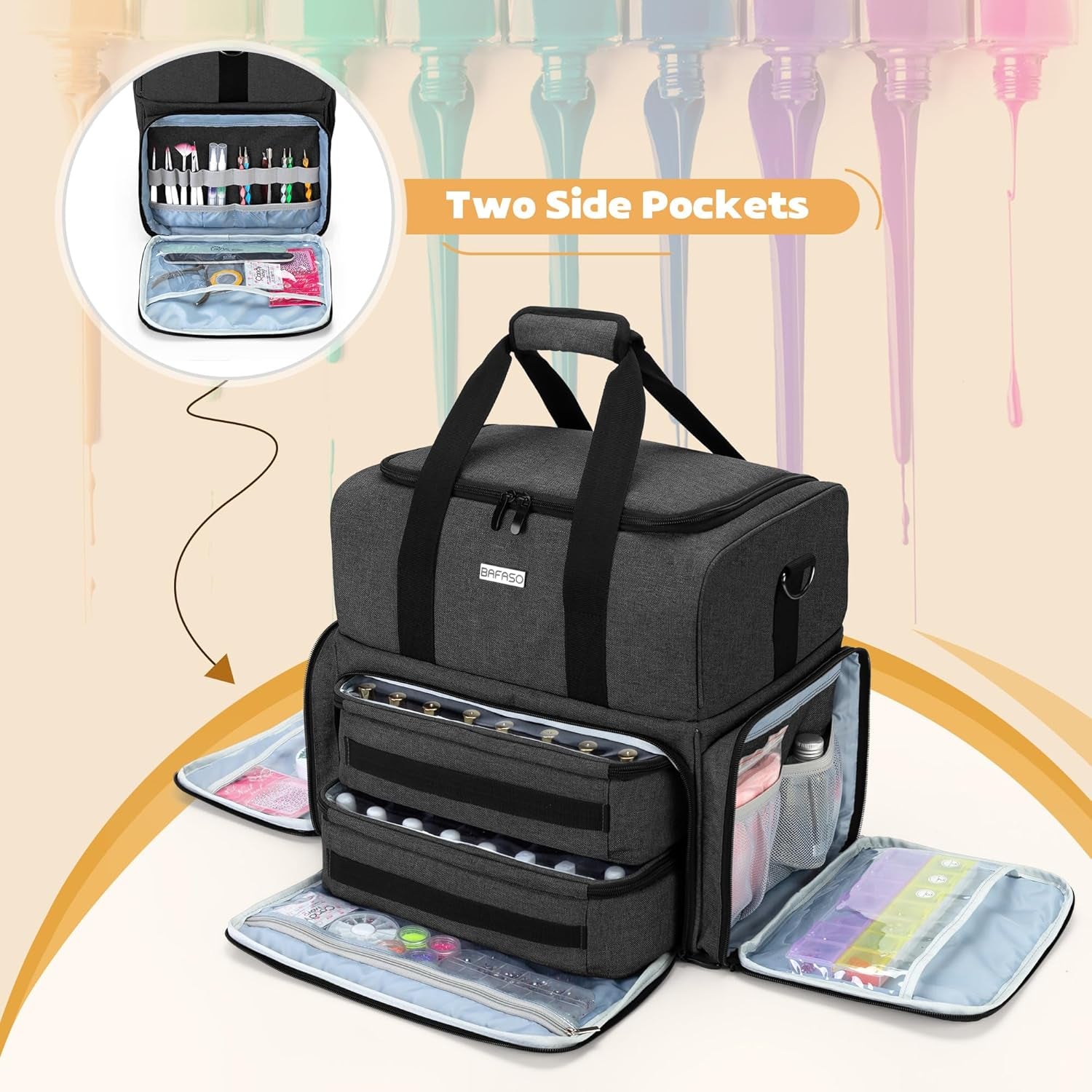 Double Layer Nail Polish Organizer Holds 80 Bottles (15Ml - 0.5 Fl.Oz) and a UV Nail Lamp, Nail Polish Case with 2 Removable Pouches and Manicure Tools Storage Sections (Bag Only), Black