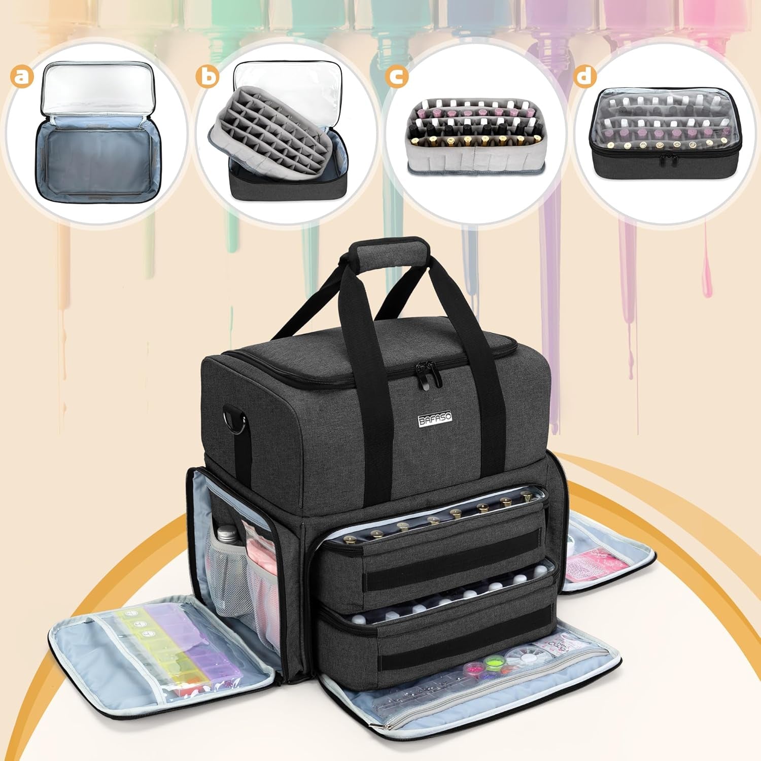 Double Layer Nail Polish Organizer Holds 80 Bottles (15Ml - 0.5 Fl.Oz) and a UV Nail Lamp, Nail Polish Case with 2 Removable Pouches and Manicure Tools Storage Sections (Bag Only), Black